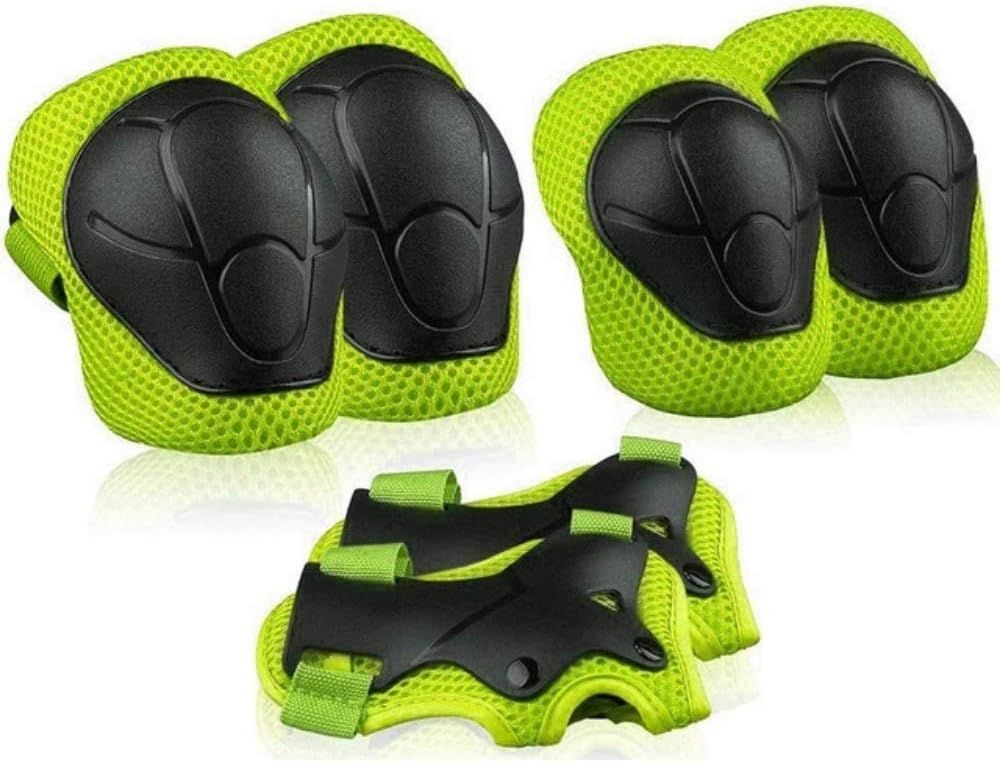 6PCS Kids Protective Gear Set Wrist Guards Knee Pads Elbow Pads for Skateboard Roller Skating Biking Scooter, Size S, Green