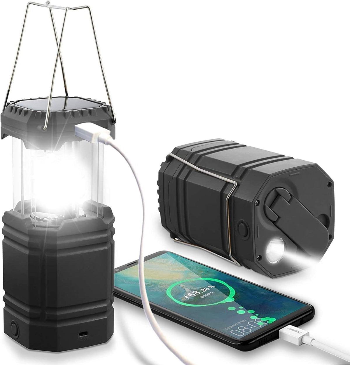 Rechargeable Solar Camping Lantern, LED Hand Crank Emergency Light with 3000mAh Battery, SOS Flashlight for Camping Hiking Fishing Power Cuts, Black
