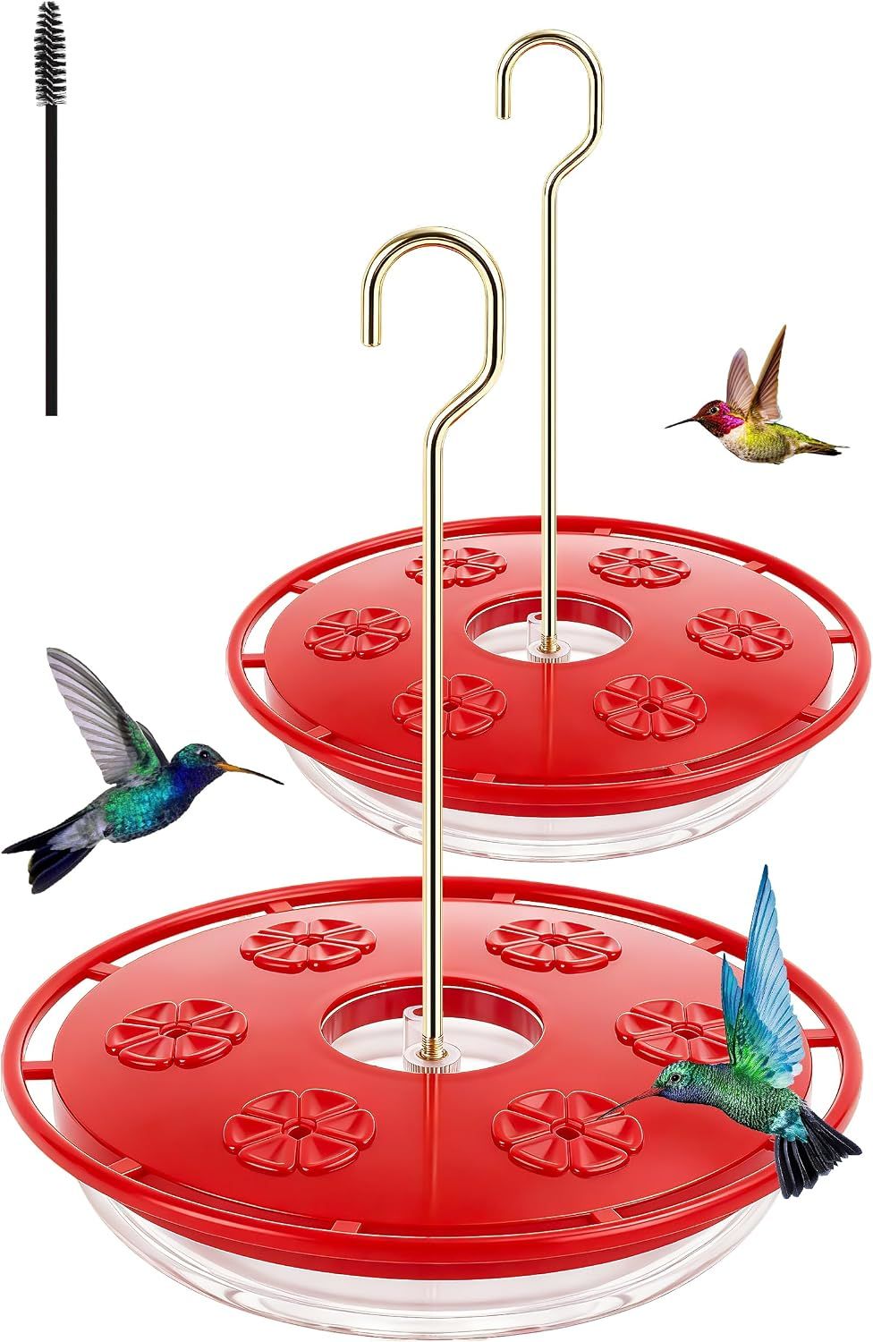 2 Pack Hummingbird Feeders for Outdoors Hanging, Leak Proof Nectar Feeder with Bee Guards Built in Ant Moat, 6 Feeding Ports, Wide Mouth Easy Refill and Clean, BPA Free, Red, 16 Oz