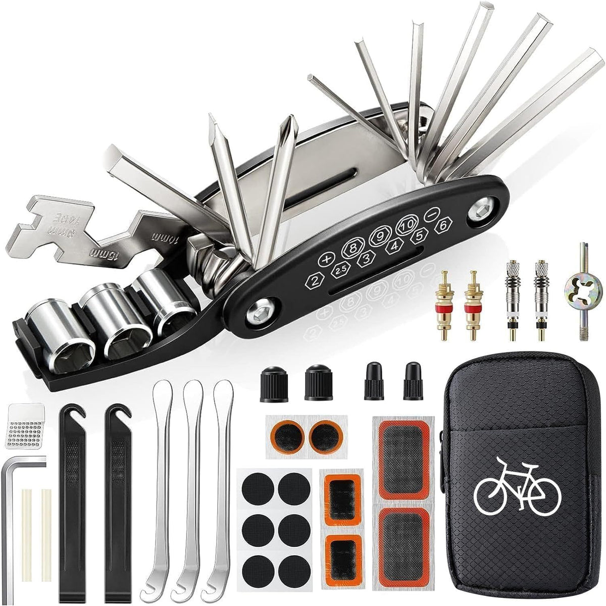 Bike Tool Kit with Puncture Repair Set, Bicycle Repair Kit with 3 Tyre Levers, Multifunctional Bike Accessories for Road Bike Mountain Bike BMX