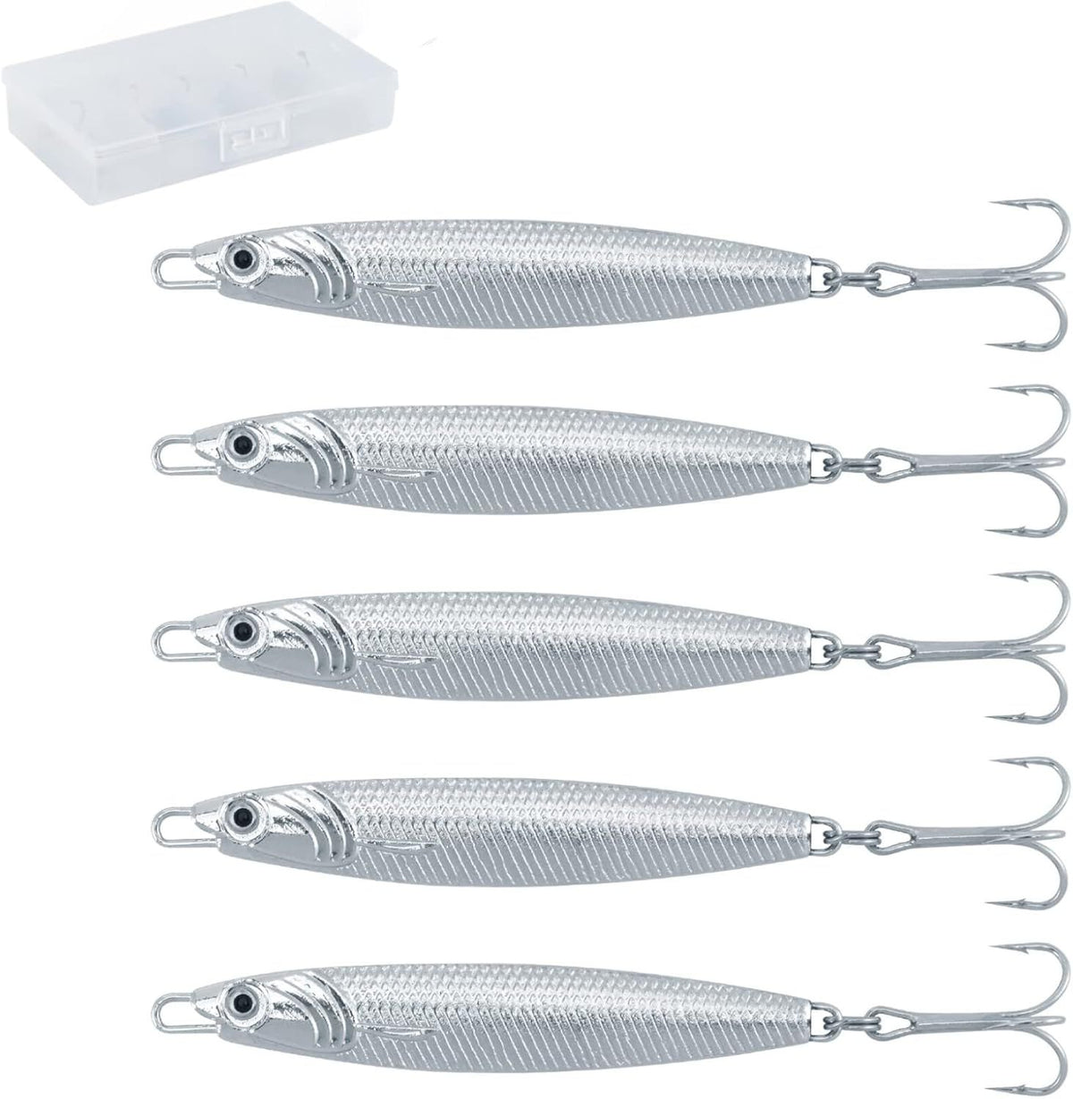 5pcs Sea Fishing Lures Silver Minnow Spoon Jigs with Treble Hooks, Saltwater Fishing Tackle for Mackerel Cod Bass Pike