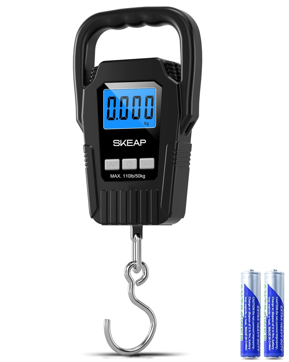 Digital Fish Scale, Hanging Fishing Luggage Scale with Backlit LCD Display and Large Handle, 110lb/50kg, Black