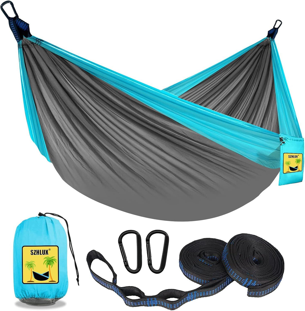 2 Pack Camping Hammock Portable Double Single Hammock with 2 Tree Straps and Carry Bag for Outdoor Indoor Beach Camping, Light Grey and Sky Blue