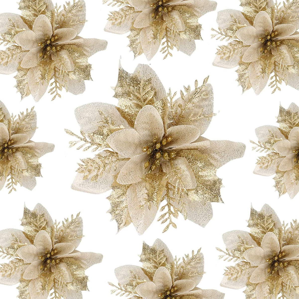 12pcs Christmas Glitter Poinsettia Flowers, Gold Artificial Xmas Flowers for Christmas Tree Ornaments Home Decoration