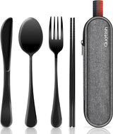 4 Pcs Travel Utensils with Case, Portable Stainless Steel Reusable Silverware Set with Fork Spoon Knife Chopsticks for Camping Picnic Work, Black