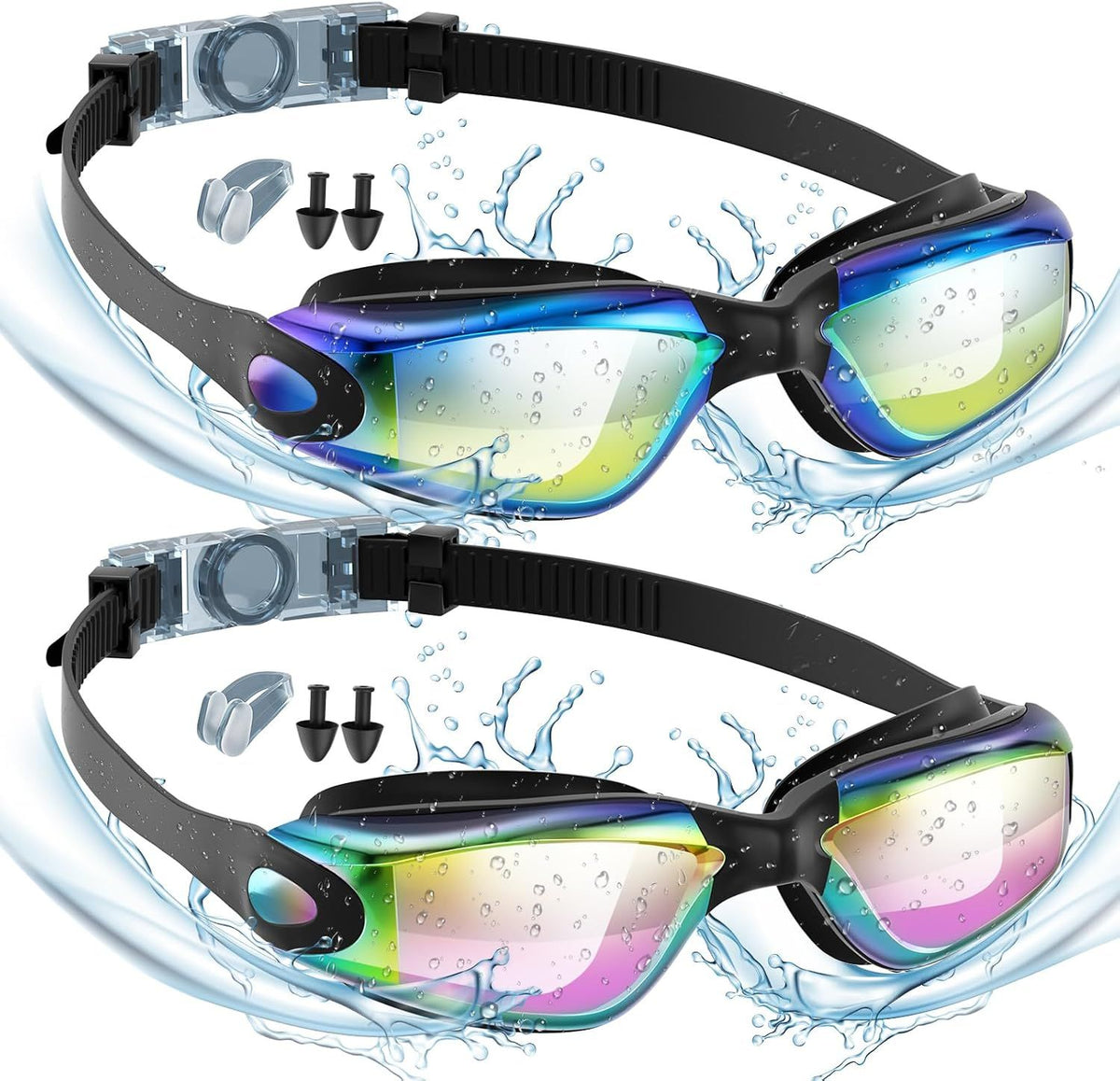 2 Pack Swimming Goggles for Adult Women Men, Anti Fog No Leaking Clear Vision with Nose Clip and Earplugs for Swimming Pool