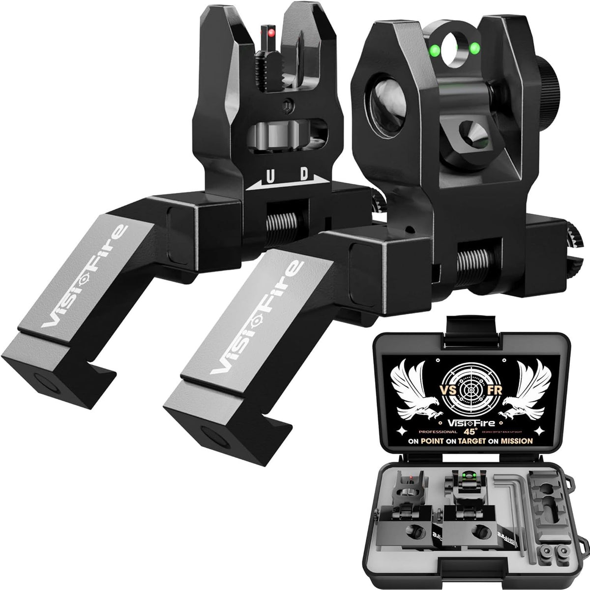 2 Pack 45 Degree Offset Flip Up Iron Sights, Fiber Optic Red Green Dot Canted Backup Sights Tool-Free Adjustable for Picatinny Rail