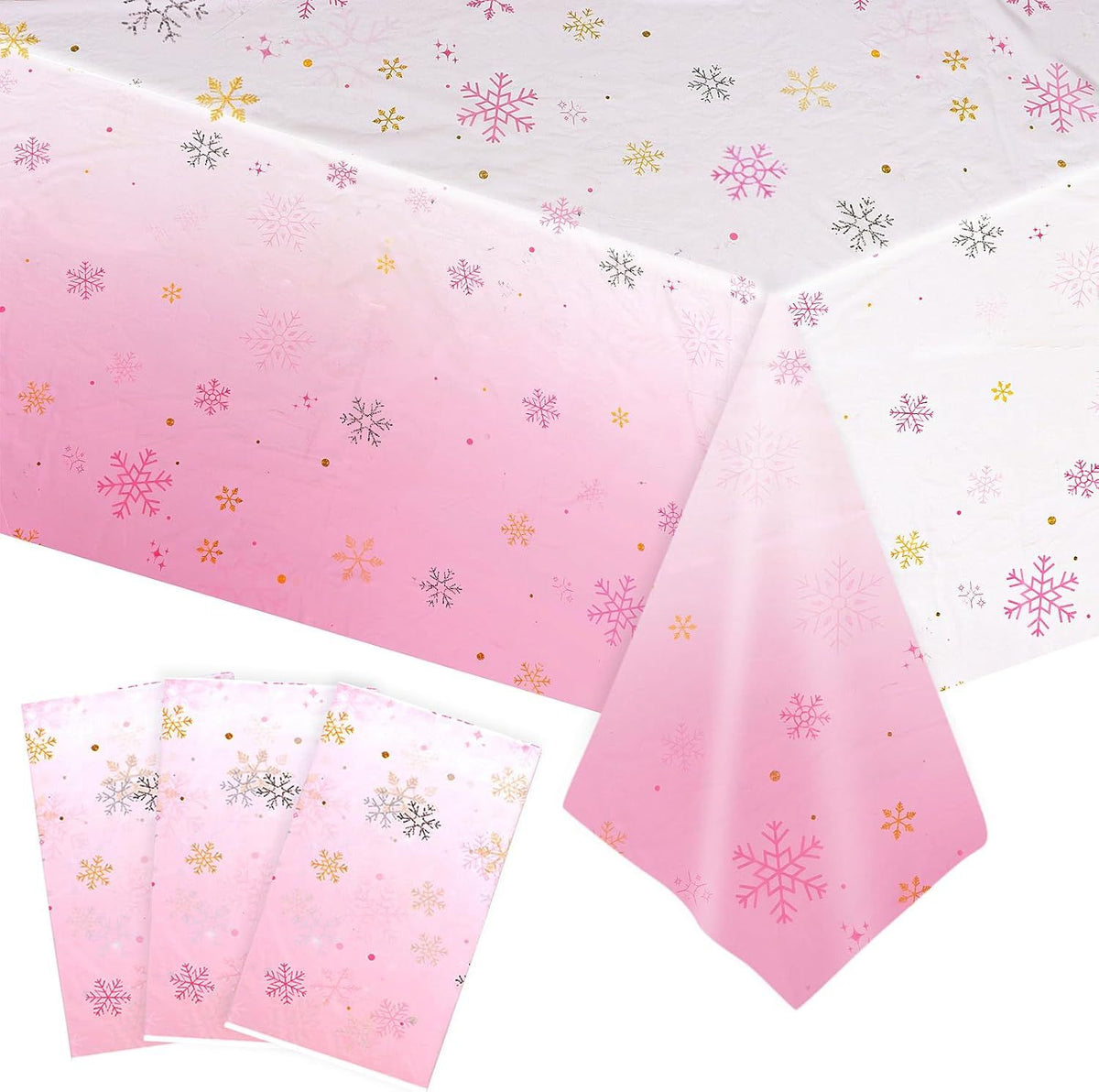 3 Pack Christmas Snowflake Tablecloth, Pink Winter Table Cover Rectangle Disposable Tablecloth for Christmas Frozen Party Baby Shower Decoration, 108 x 54 Inch