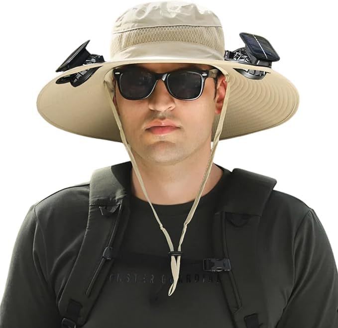 2 Solar Fan Sun Hat, Outdoor Wide Brim UPF 50+ Bucket Hat with Built in Fan for Men Women Fishing Beach