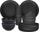 18 Pcs Camping Dinnerware Set, Plastic Plates Bowls and Cups for 6, Lightweight Microwave and Dishwasher Safe, for Party Picnic Home, Black