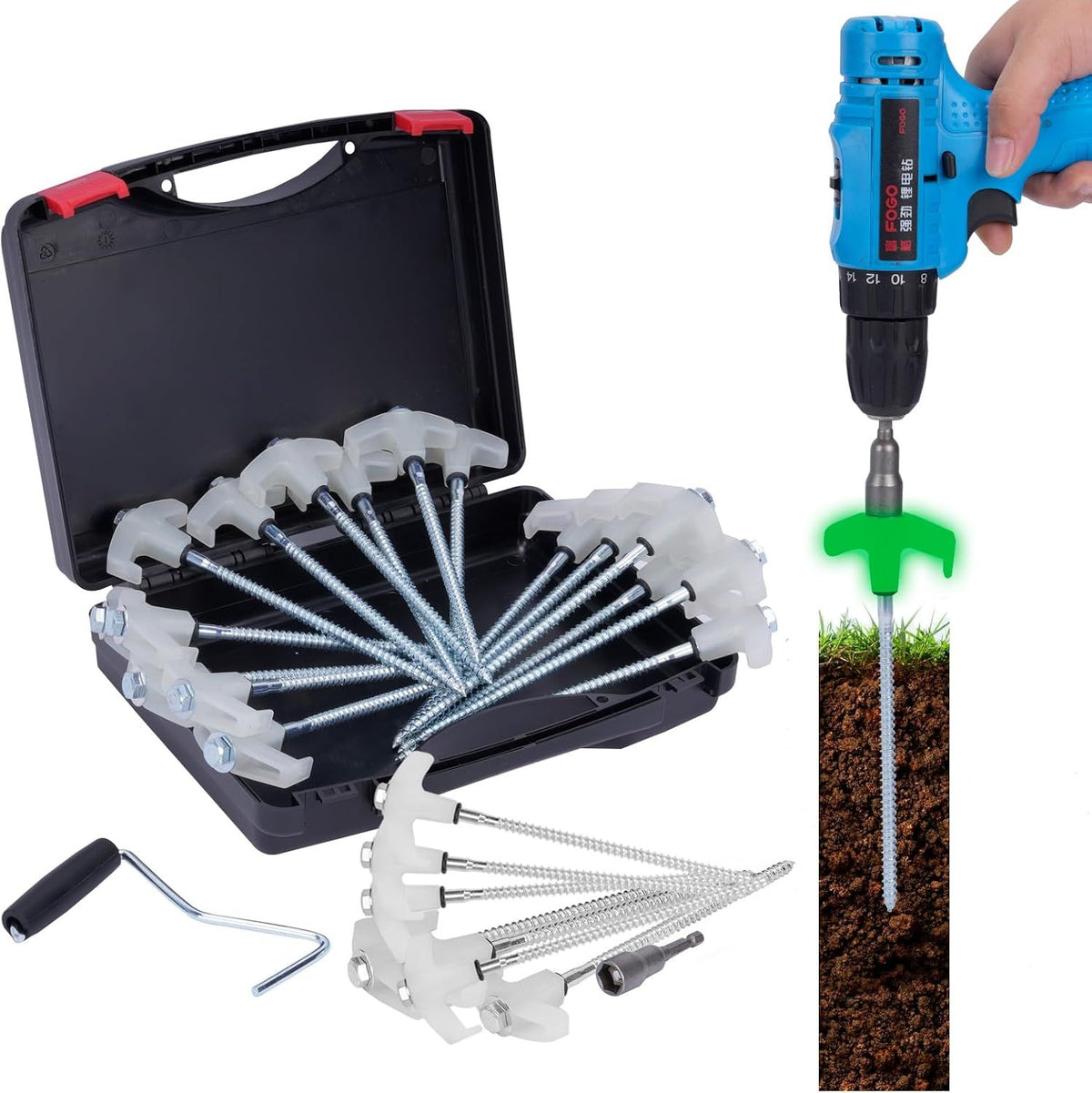 20PCS Glow in the Dark Tent Pegs, Heavy Duty Camping Awning Pegs with Hex Head Adapter, Pull Hook and Storage Case for Camping Garden, 8 Inch