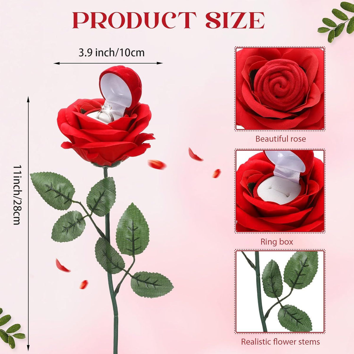 Rose Ring Box with Stem for Proposal Engagement Jewelry Box Red, 11 Inch/28cm