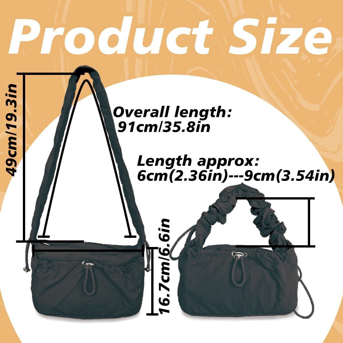 Nylon Crescent Bag Hobo Handbag Ruched Shoulder Bag with Adjustable Strap Lightweight Casual Sling Bag Travel Tote for Women, 49cm x 16.7cm