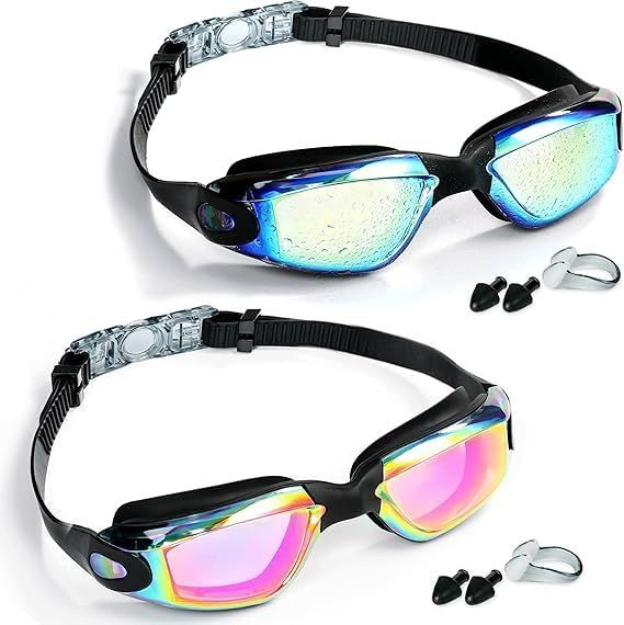 Swim Goggles 2 Pack, Anti Fog No Leaking Swimming Goggles for Adult Women Men Youth, with Nose Clip and Ear Plugs