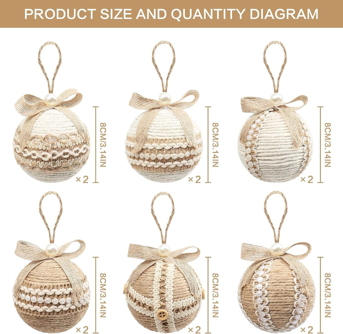 12 Pcs Christmas Ball Ornaments Shatterproof Linen Hanging Baubles for Christmas Tree Rustic Farmhouse Xmas Party Decor, 3.14 Inch