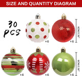 30PCS Christmas Ornaments Set, Shatterproof Plastic Christmas Balls in Red Green White for Christmas Tree Hanging Holiday Party Decor, 60MM 2.36Inch