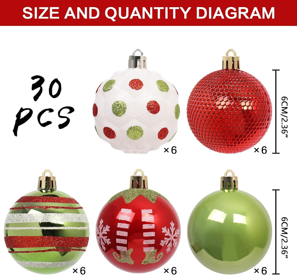 30PCS Christmas Ornaments Set, Shatterproof Plastic Christmas Balls in Red Green White for Christmas Tree Hanging Holiday Party Decor, 60MM 2.36Inch