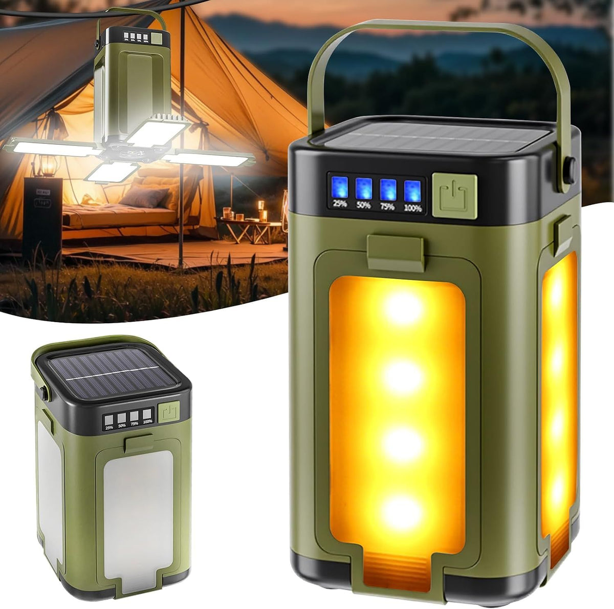 Solar Camping Lantern Rechargeable 2000 mAh, LED Folding 4-Blade Tent Light with 6 Lighting Modes, IPX4 Waterproof Portable Lamp for Outdoor Emergency