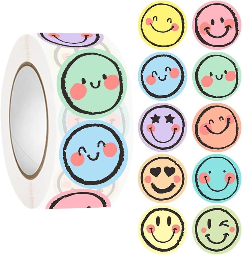 500 PCS Smiley Face Stickers Roll, 1 Inch Colorful Reward Stickers with 10 Cute Positive Designs for Teachers, Students, Classroom, Planners, Scrapbooking, 1 Inch