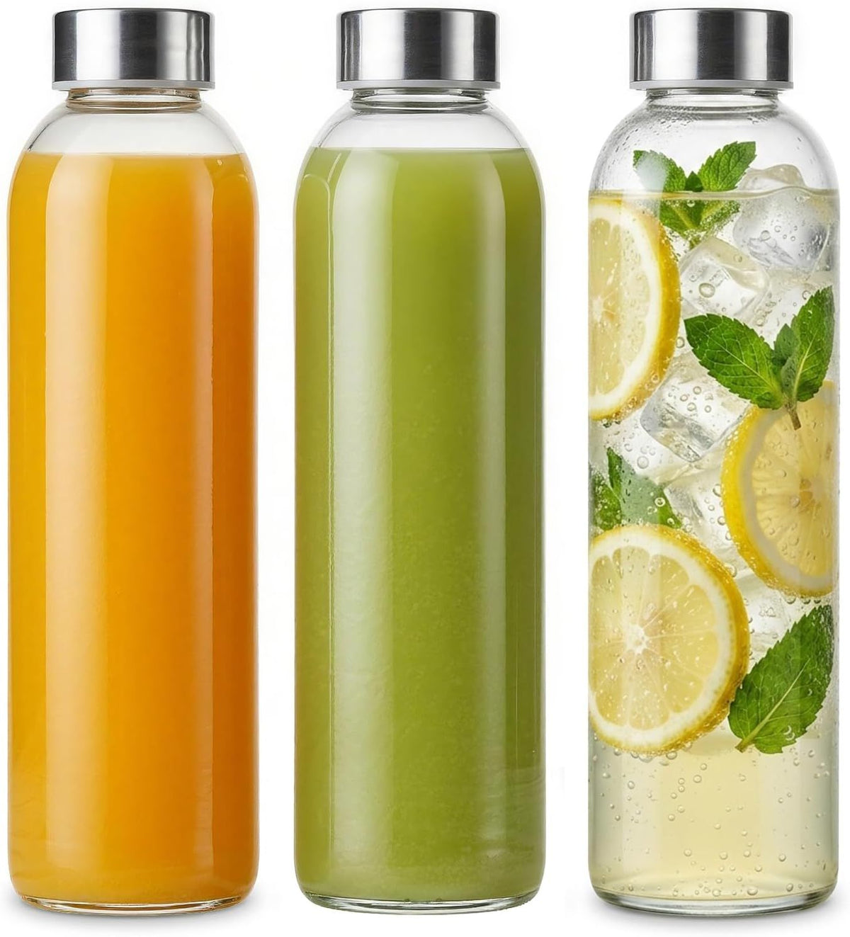 3 Pack Glass Water Bottles with Lids, Airtight Reusable Drinking Bottles for Juice, Milk, Smoothies and Storage, 750ML