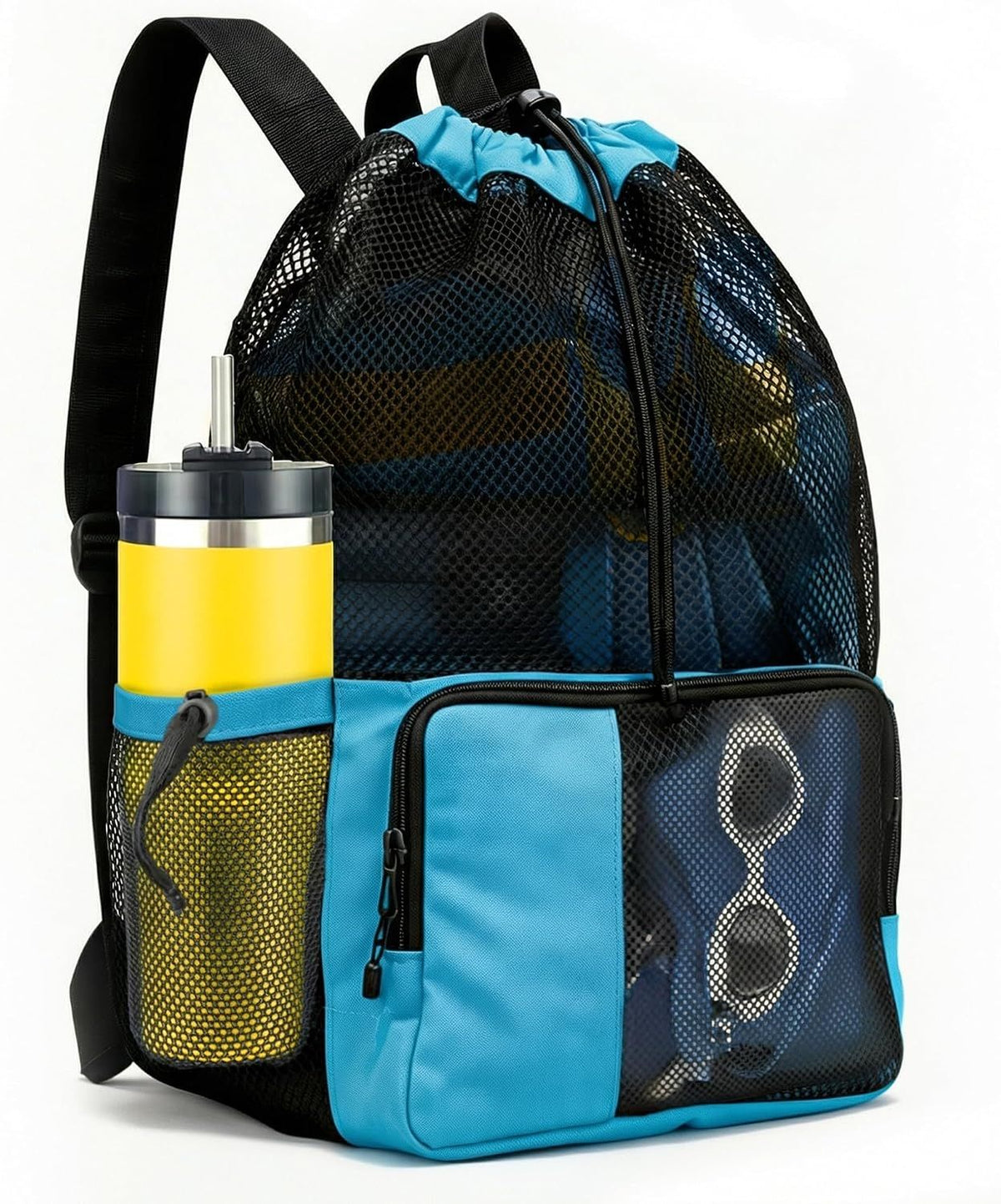 Mesh Drawstring Swim Bag for Swimmers Gear Beach Backpack with Wet Pocket and Bottle Holder for Men and Women