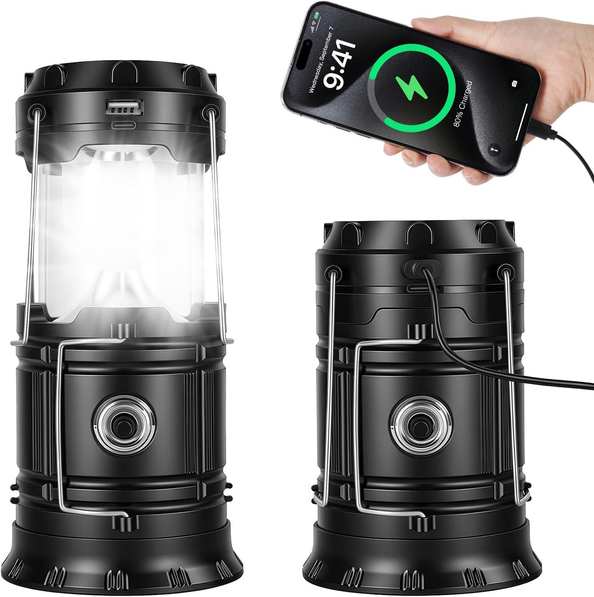 Solar LED Camping Lantern, Collapsible Rechargeable Portable Light with USB Charging, Waterproof Ultra Bright for Emergency, Hiking, Fishing