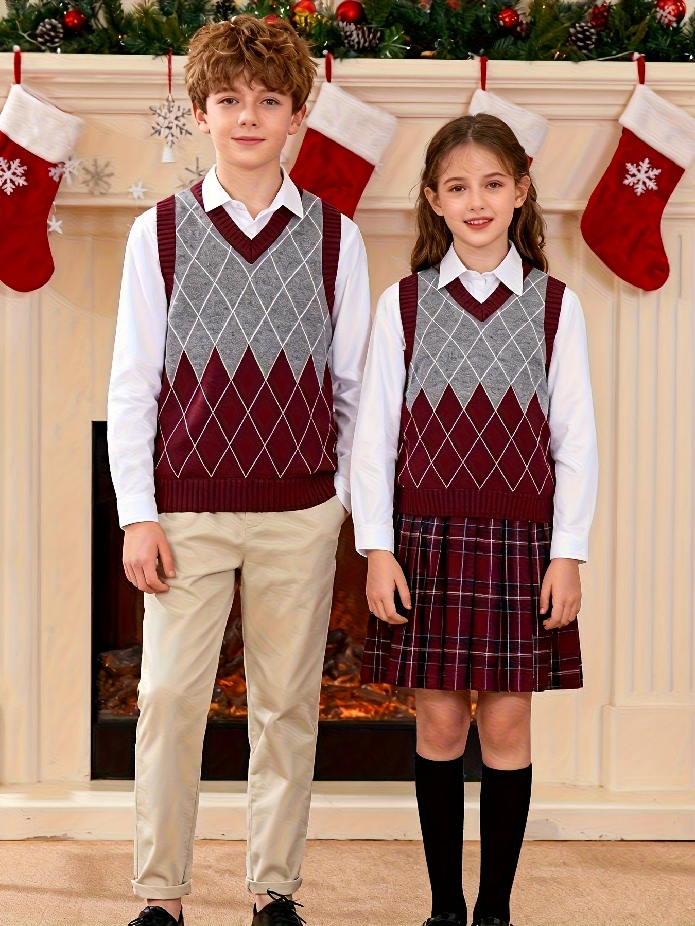BX0007-WINE 100% Cotton Kids V-Neck Argyle Sweater Vest, Boys and Girls School Uniform Knitwear, Wine Red, Size 110