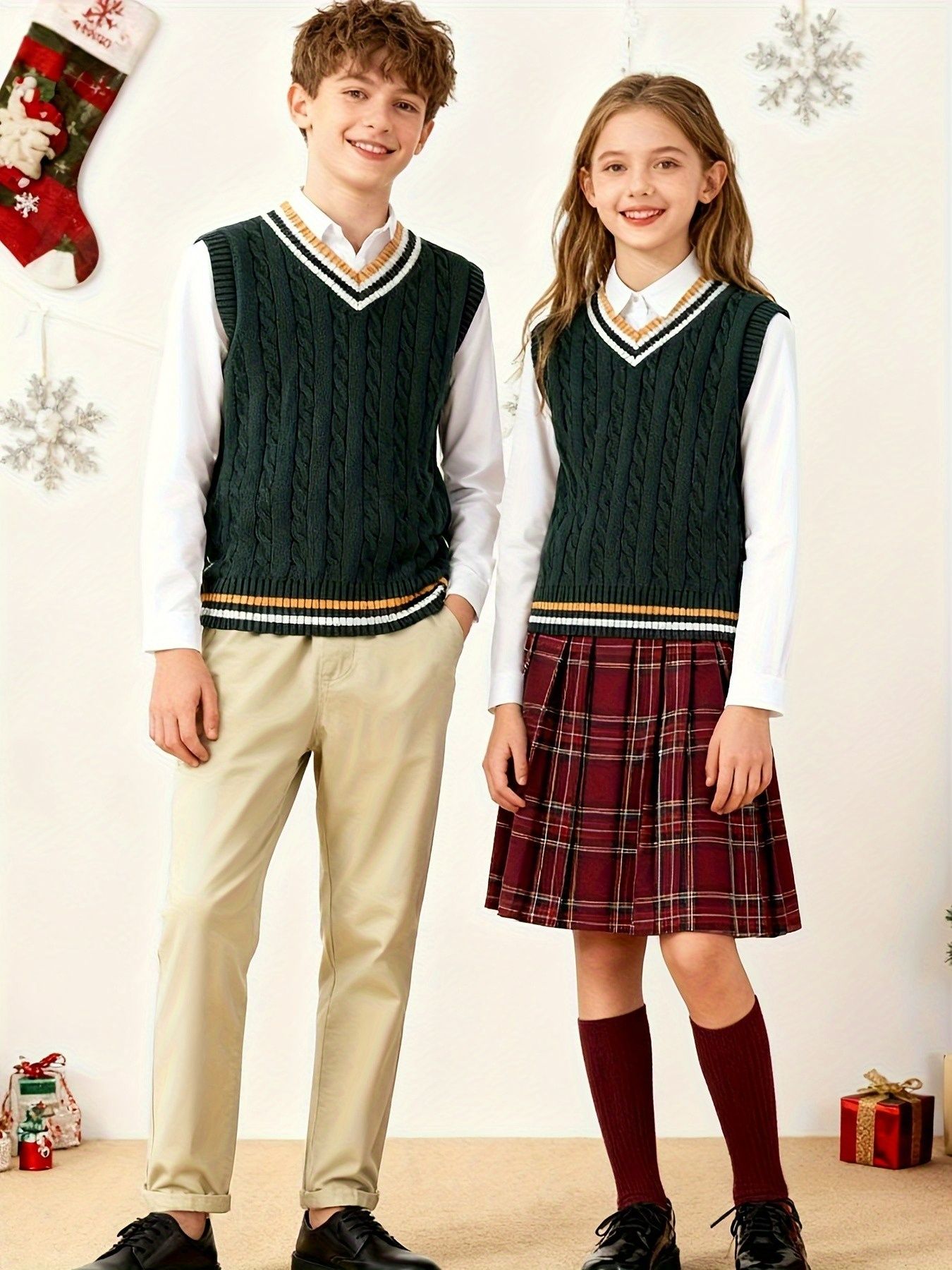 BX0009-DARK 100% Cotton Kids V-Neck Cable Knit Sweater Vest, Boys and Girls Knitwear, Dark Green, Size 110