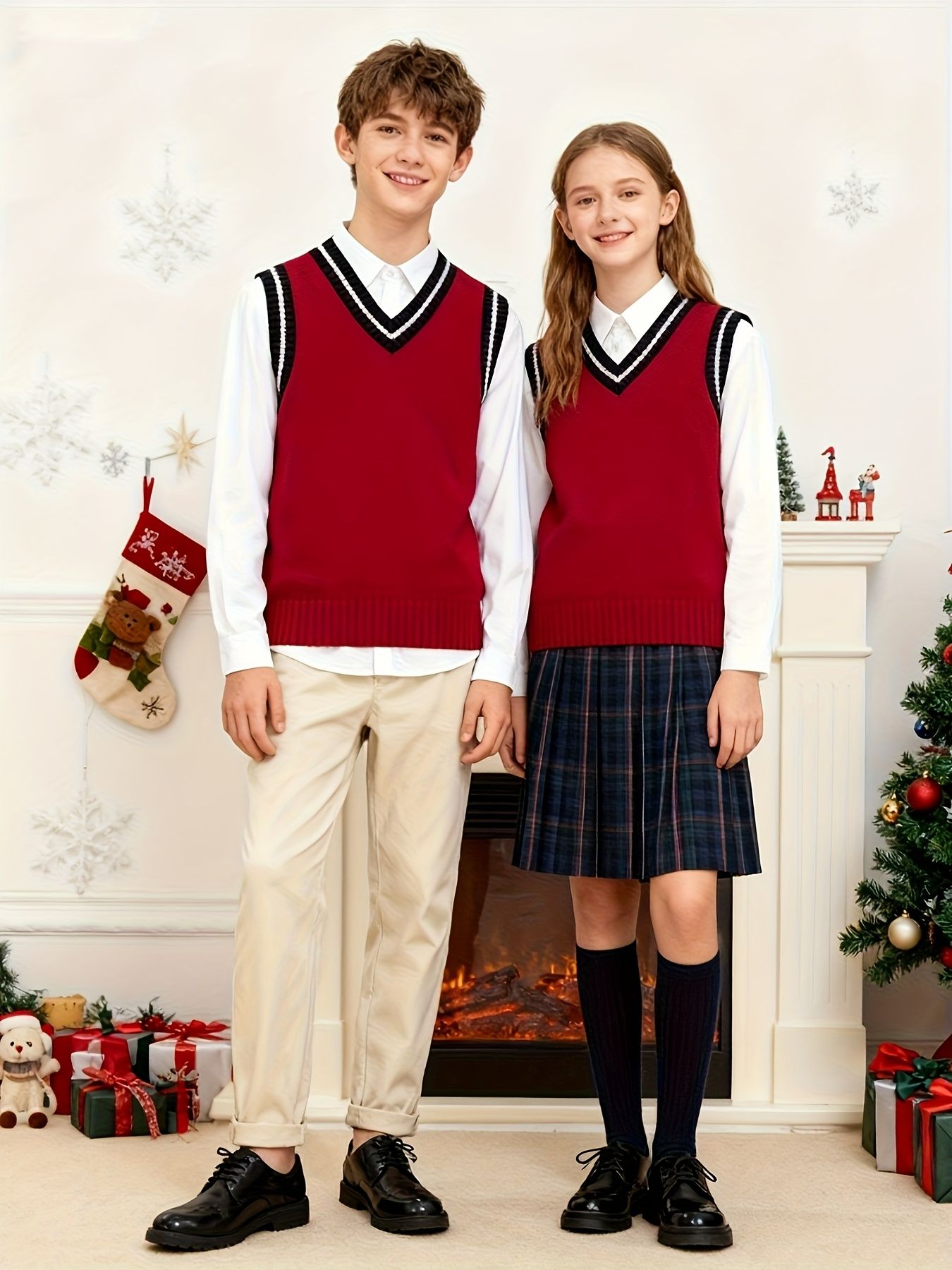 BX0011-DARK 100% Cotton Kids V-Neck Striped Sweater Vest, Boys and Girls Knitwear, Dark Red, Size 165