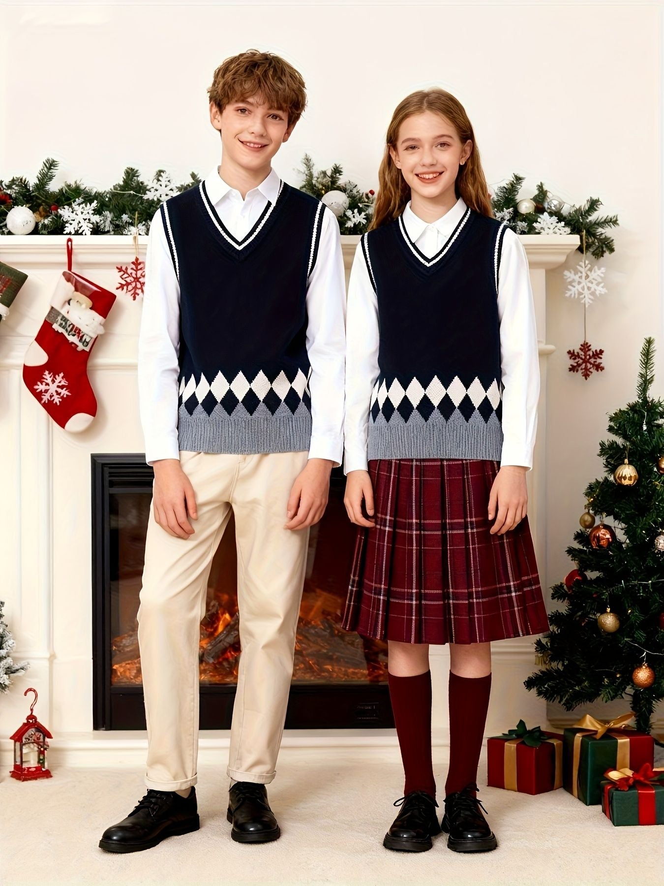 BX0012-NAVY 100% Cotton Kids V-Neck Argyle Sweater Vest, Boys and Girls Knitwear, Navy Blue, Size 120