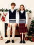 BX0012-NAVY 100% Cotton Kids V-Neck Argyle Sweater Vest, Boys and Girls Knitwear, Navy Blue, Size 140