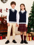 BX0026-NAVY 100% Cotton Kids V-Neck Striped Sweater Vest, Boys and Girls Knitwear, Navy Blue, Size 140