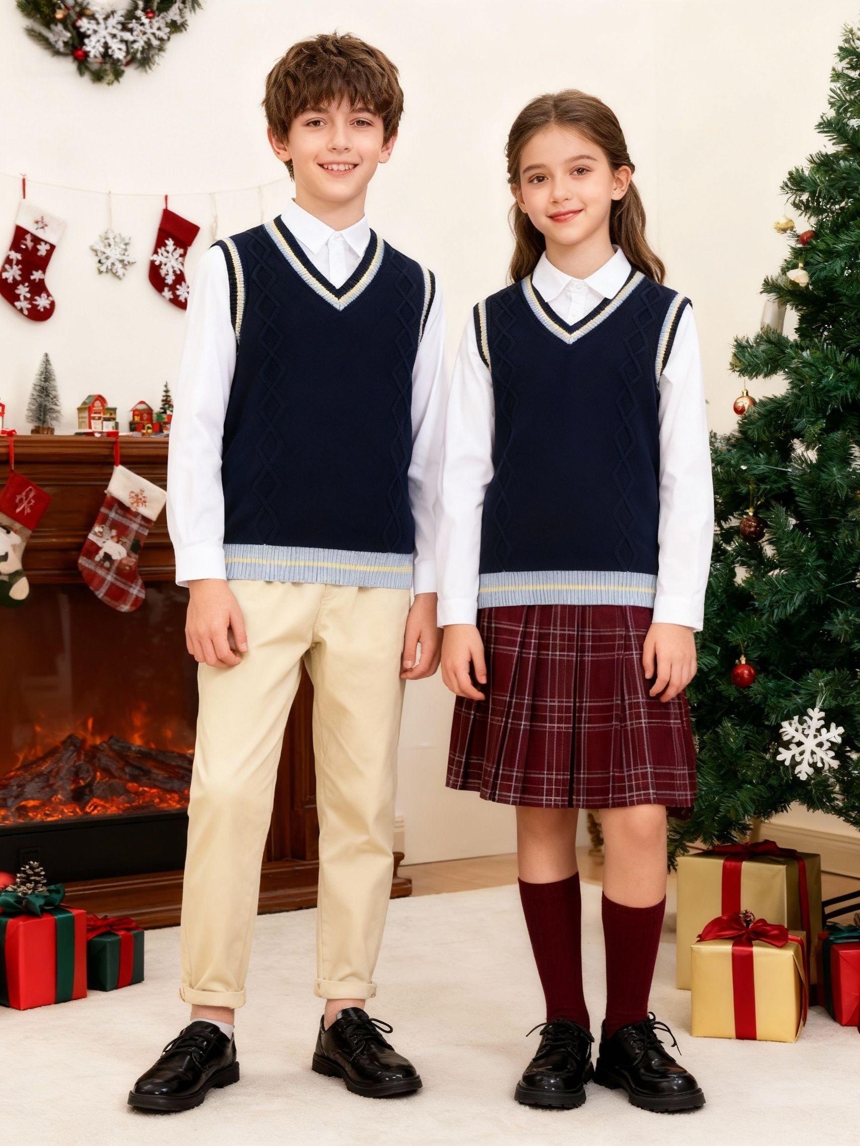 BX0026-NAVY 100% Cotton Kids V-Neck Striped Sweater Vest, Boys and Girls Knitwear, Navy Blue, Size 160