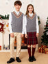 BX0038-DARK 100% Cotton Kids V-Neck Striped Sweater Vest, Boys and Girls Knitwear, Dark Grey, Size 110