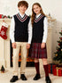BX0038-NAVY 100% Cotton Kids V-Neck Striped Sweater Vest, Boys and Girls Knitwear, Navy Blue, Size 110
