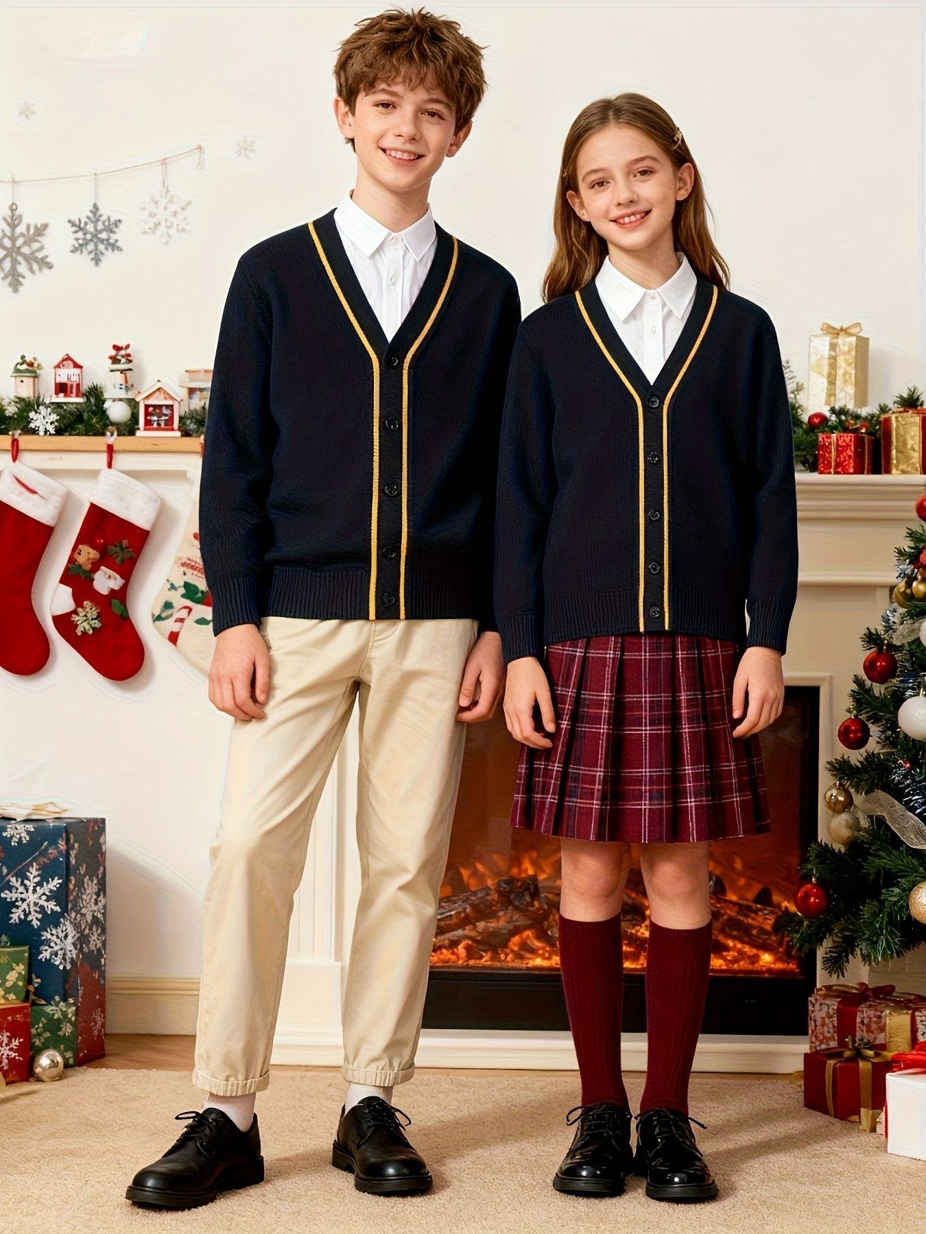 KS0007-NAVY 100% Cotton Kids V-Neck Long sleeve Button Cardigan, Boys and Girls School Uniform Knitwear, Navy Blue, Size 165