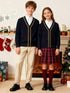 KS0007-NAVY 100% Cotton Kids V-Neck Long sleeve Button Cardigan, Boys and Girls School Uniform Knitwear, Navy Blue, Size 165