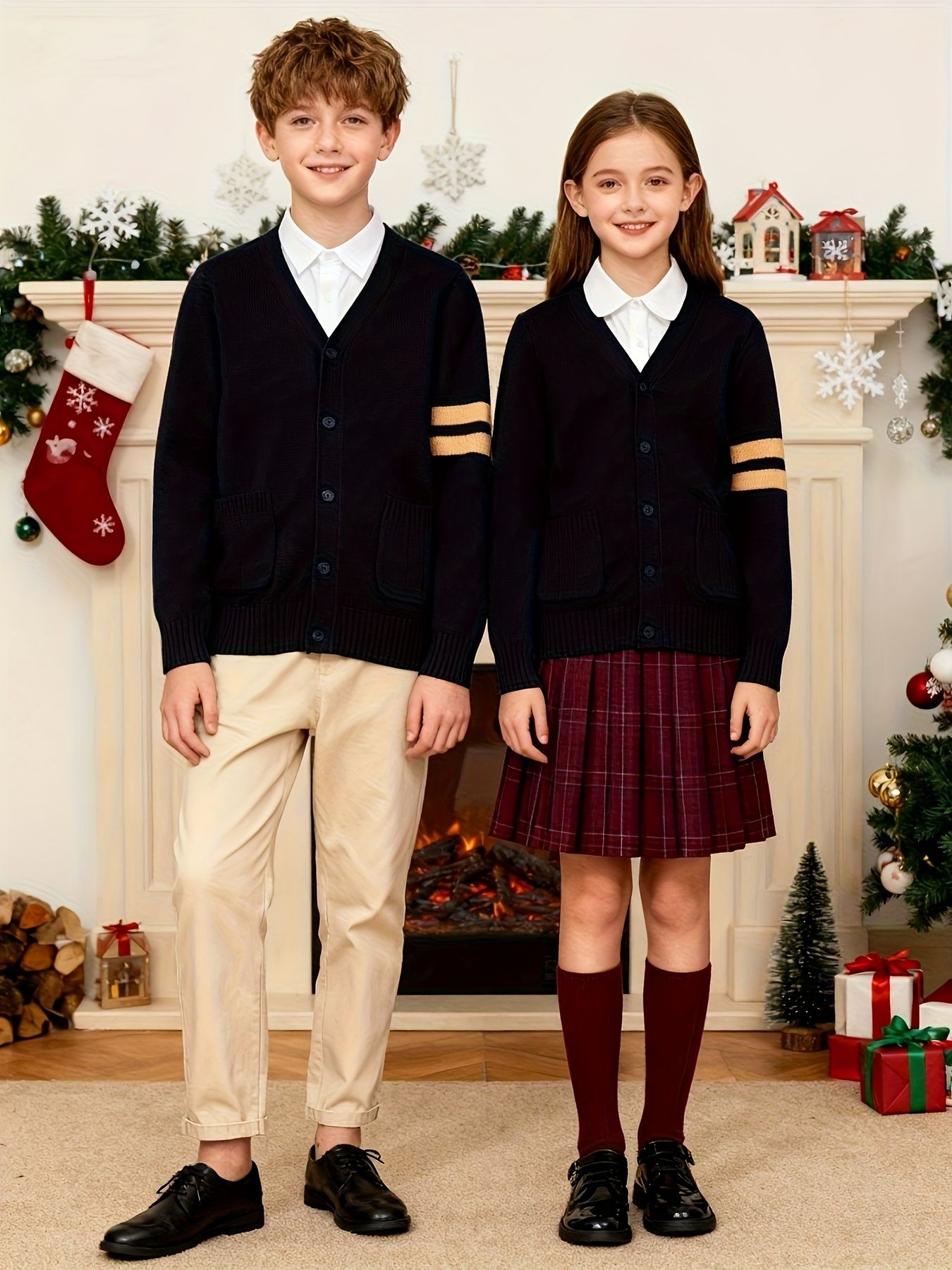 KS0015-NAVY 100% Cotton Kids V-Neck Long sleeve Button Cardigan, Boys and Girls School Uniform Knitwear, Navy Blue, Size 120