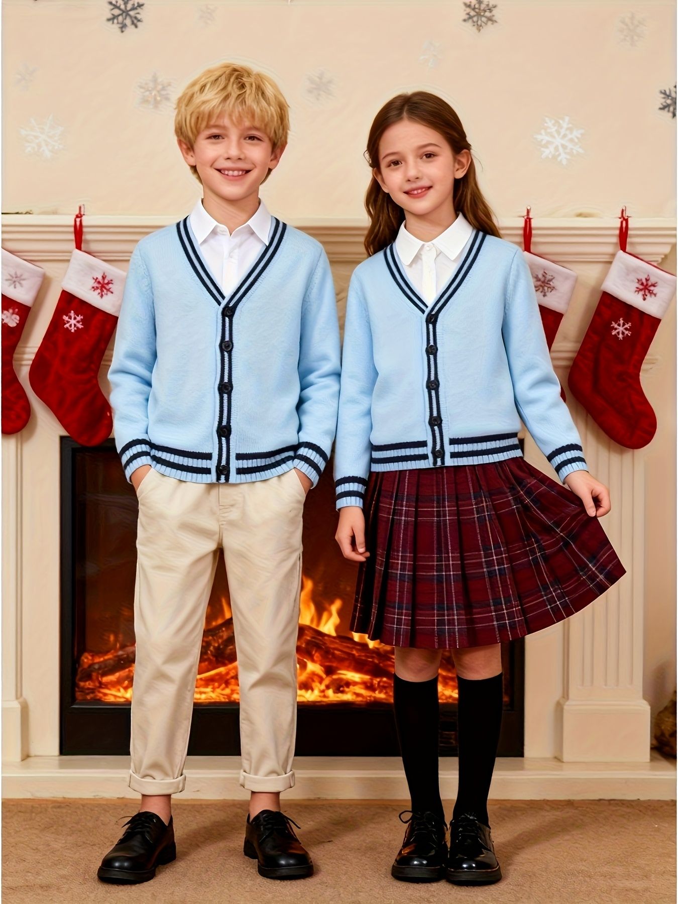 KS0017-LIGHT 100% Cotton Kids V-Neck Long sleeve Button Cardigan, Boys and Girls Knitwear, Light Blue, Size 165