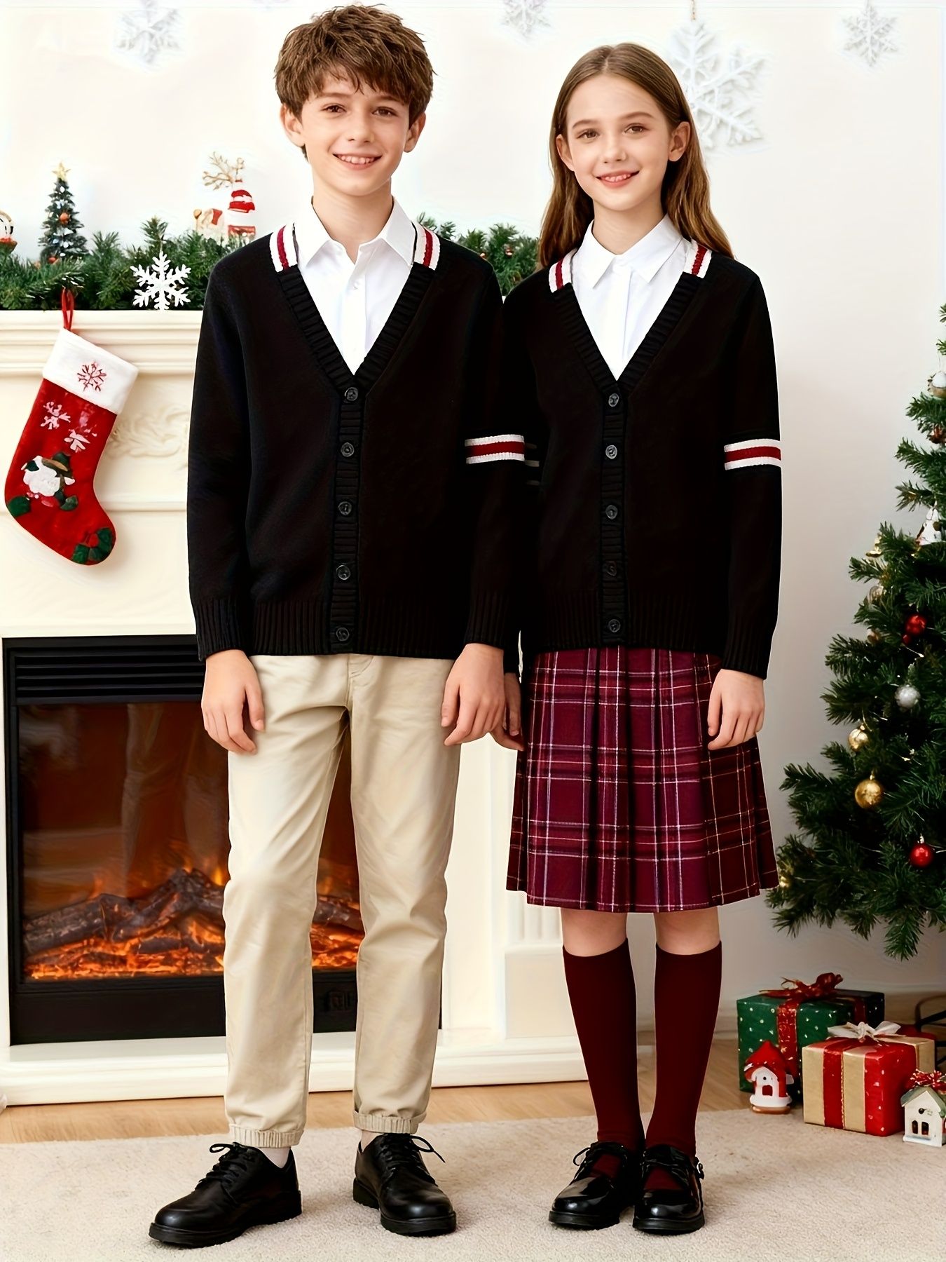 KS0019-NAVY 100% Cotton Kids V-Neck Long sleeve Button Cardigan, Boys and Girls Knitwear, Navy Blue, Size 140