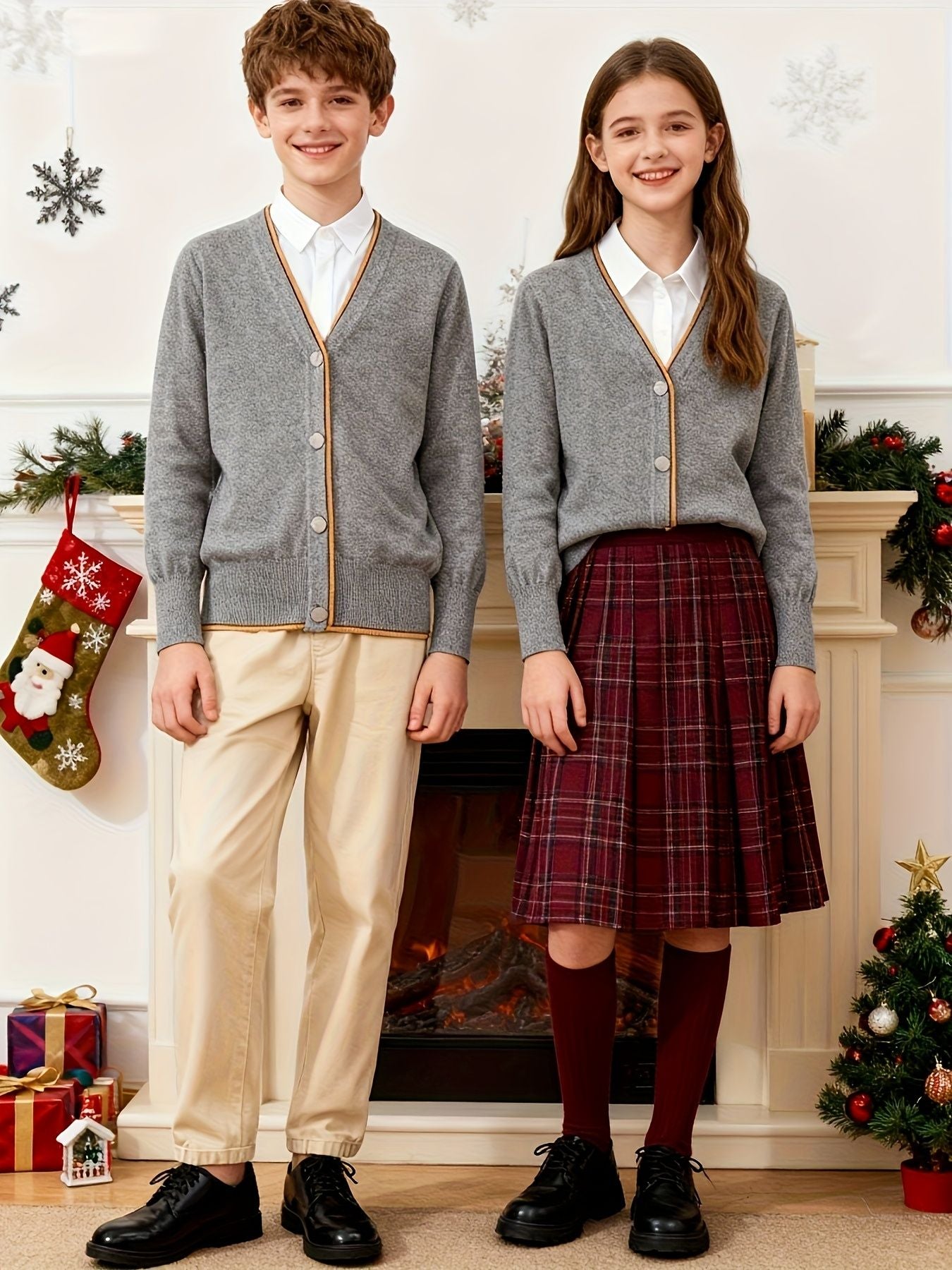 KS0022-DARK 100% Cotton Kids V-Neck Long sleeve Button Cardigan, Boys and Girls School Uniform Knitwear, Dark Grey, Size 170