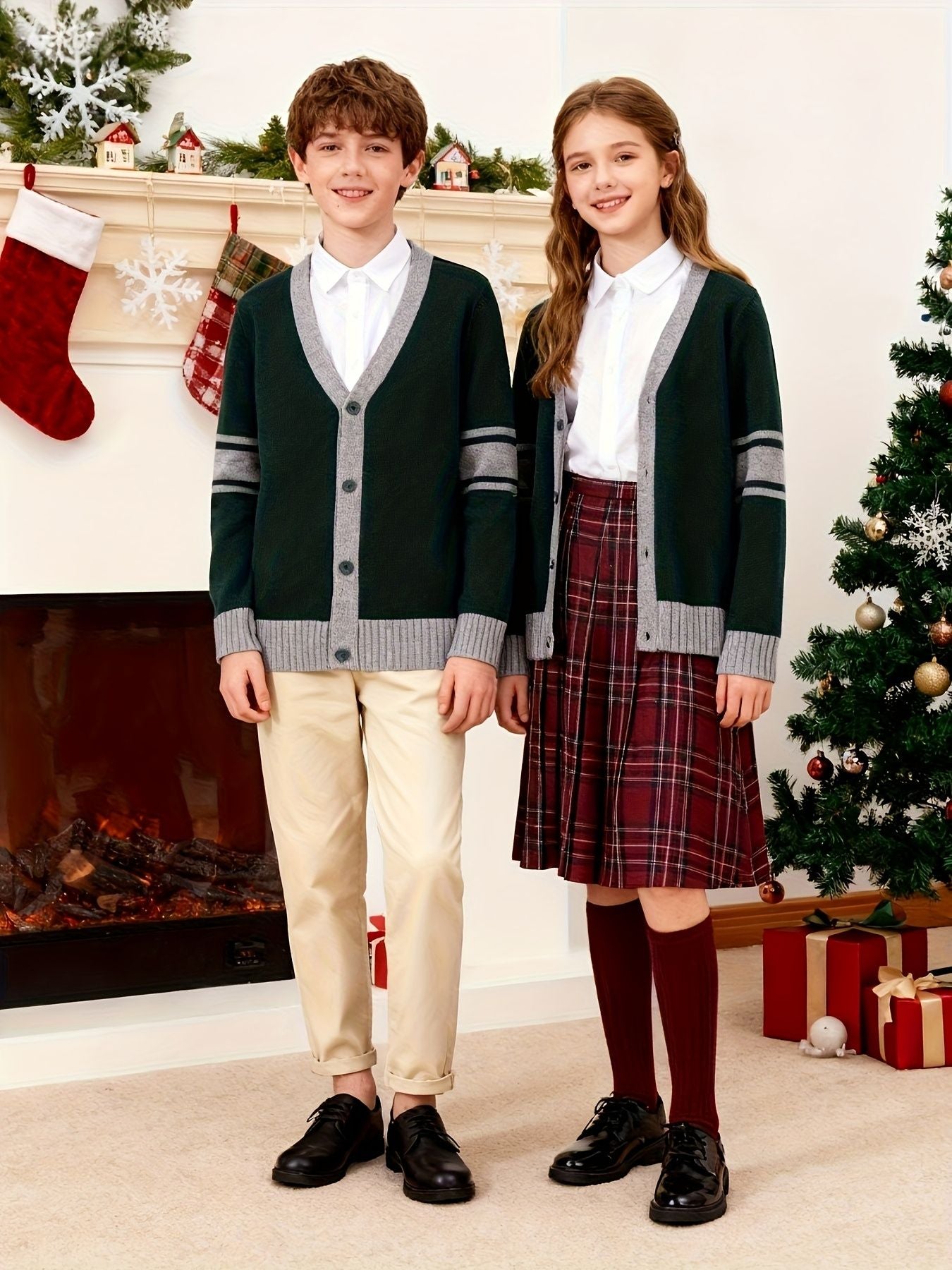 KS0034-DARK 100% Cotton Kids V-Neck Long sleeve Button Cardigan, Boys and Girls Knitwear, Dark Green, Size 160