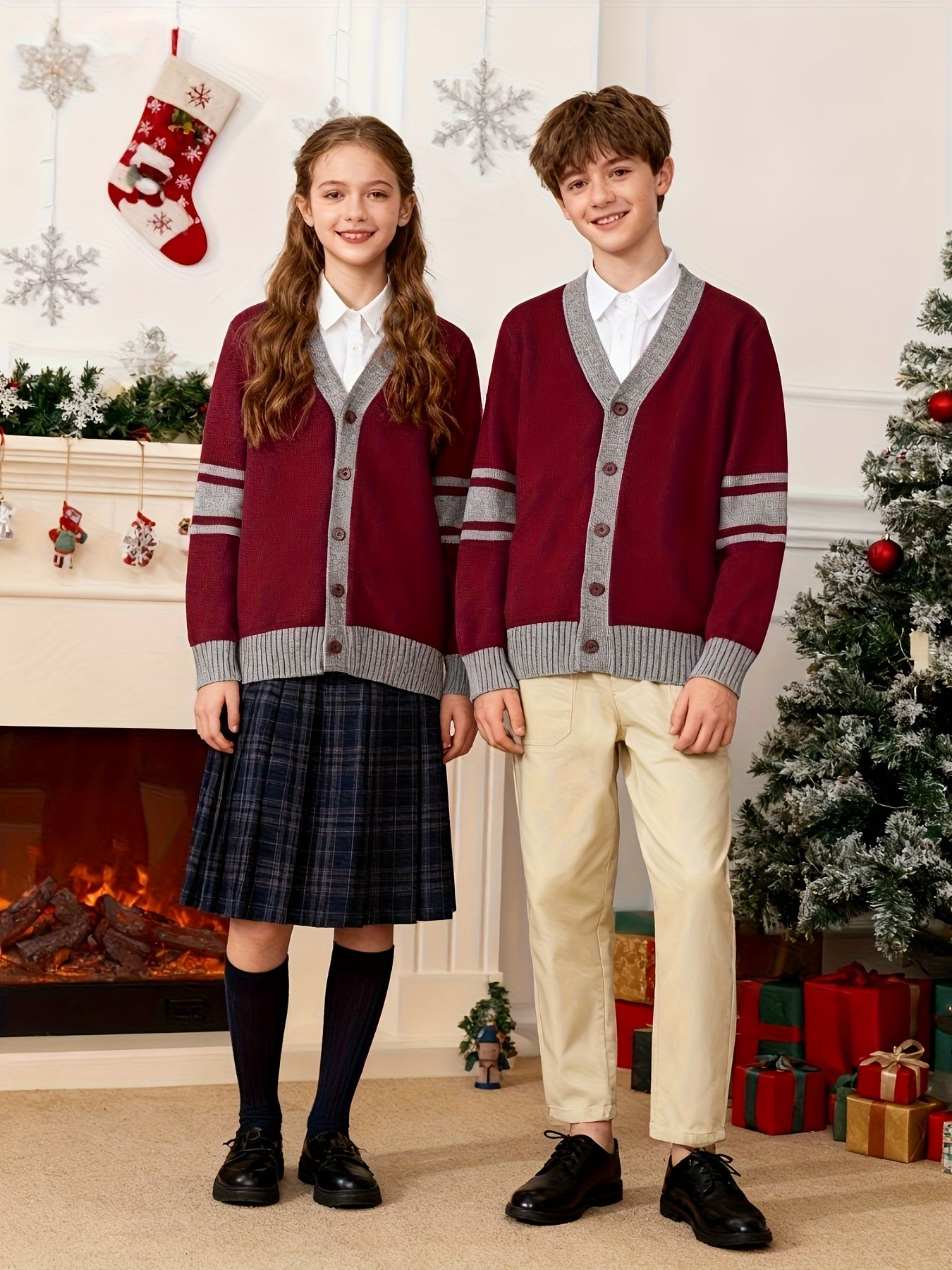 KS0034-WINE 100% Cotton Kids V-Neck Long sleeve Button Cardigan, Boys and Girls Knitwear, Wine Red, Size 165