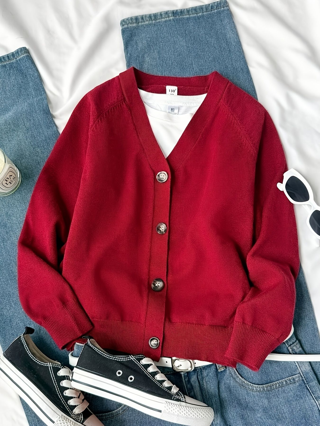 KS0036-WINE Soft Knit Blend Kids V-Neck Long sleeve Button Cardigan, Boys and Girls Knitwear, Wine Red, Size 140