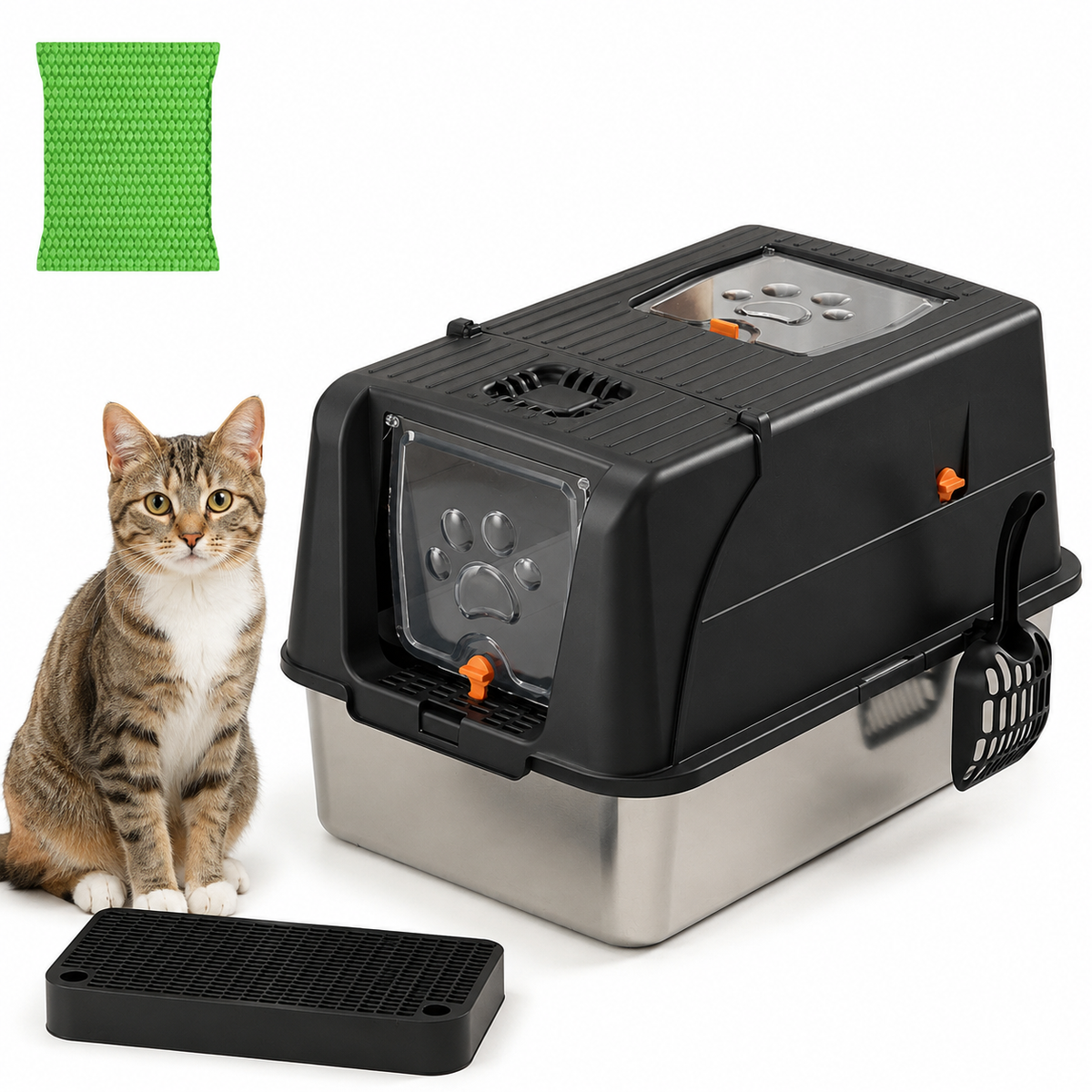 Black Large Stainless Steel Cat Litter Box, Foldable Covered Cat Litter Tray with Square Top & Square Door, Front Entry Top Exit, Anti Tracking Mat, Scoop and Charcoal Filter