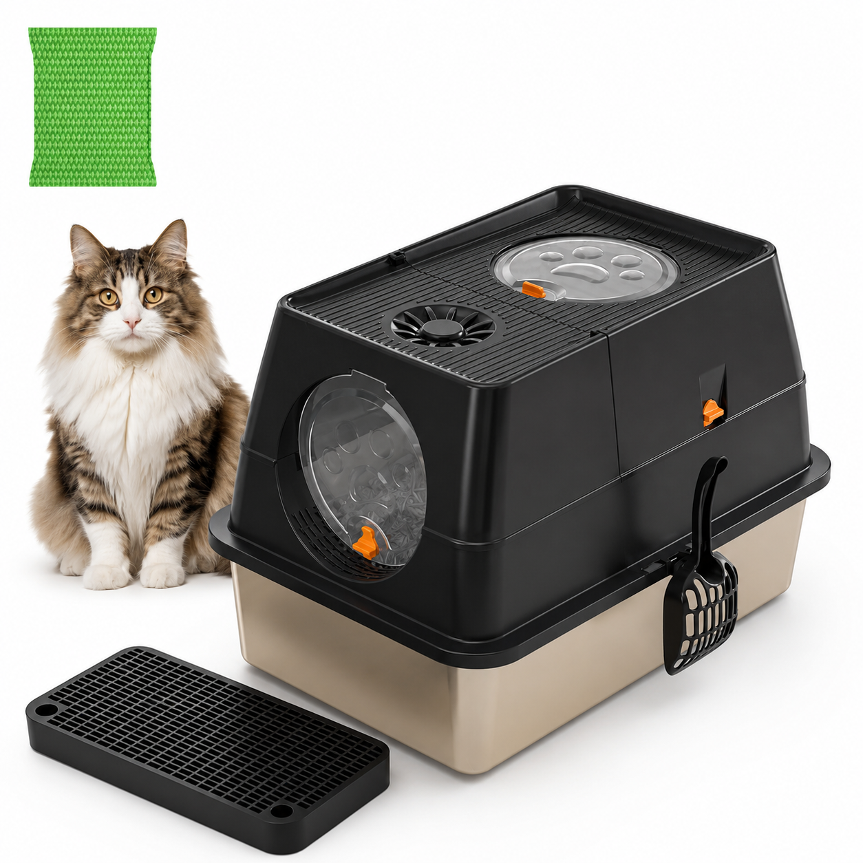 Black Large Stainless Steel Cat Litter Box, Foldable Covered Cat Litter Tray with Round Top & Round Door, Front Entry Top Exit, Anti Tracking Mat, Scoop and Charcoal Filter