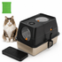 Black Large Stainless Steel Cat Litter Box, Foldable Covered Cat Litter Tray with Round Top & Round Door, Front Entry Top Exit, Anti Tracking Mat, Scoop and Charcoal Filter
