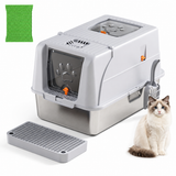 Light Grey Large Stainless Steel Cat Litter Box, Foldable Covered Cat Litter Tray with Square Top & Square Door, Front Entry Top Exit, Anti Tracking Mat, Scoop and Charcoal Filter