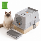 Light Grey Large Stainless Steel Cat Litter Box, Foldable Covered Cat Litter Tray with Round Top & Round Door, Front Entry Top Exit, Anti Tracking Mat, Scoop and Charcoal Filter