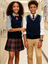 SW004 100% Cotton Kids V-Neck Striped Sweater Vest, Boys and Girls School Uniform Knitwear, Navy Blue, Size 120